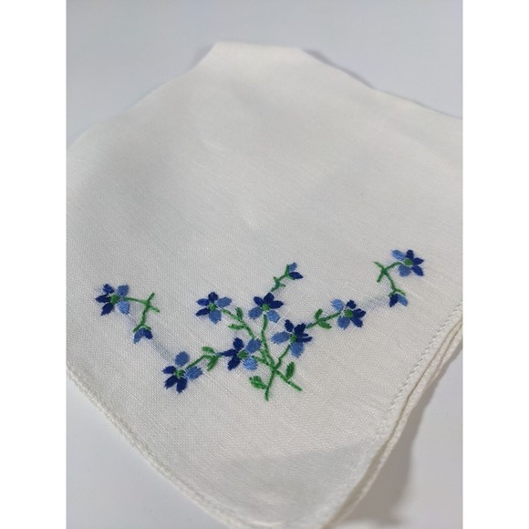 Vintage Embroidered Blue Flowers floral Handkerchief 9” Cottagecore Hanky Scarf - Picture 4 of 7